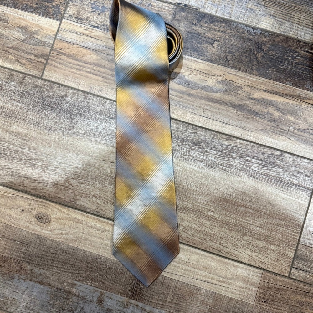 Siena Collezione Mens Silk Necktie Gold Silver Bronze Diagonal Plaid Check Tie‎